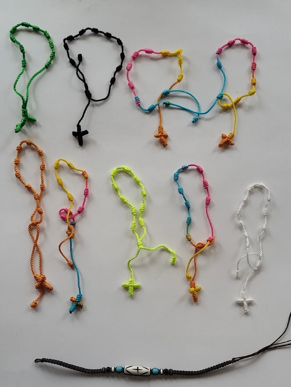 Knotted Cord Rosary Cross Prayer Bracelets Lot of 10